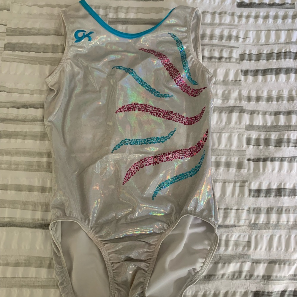 White GK leotard with pink and blue sequins in size Adult Large (AL)
